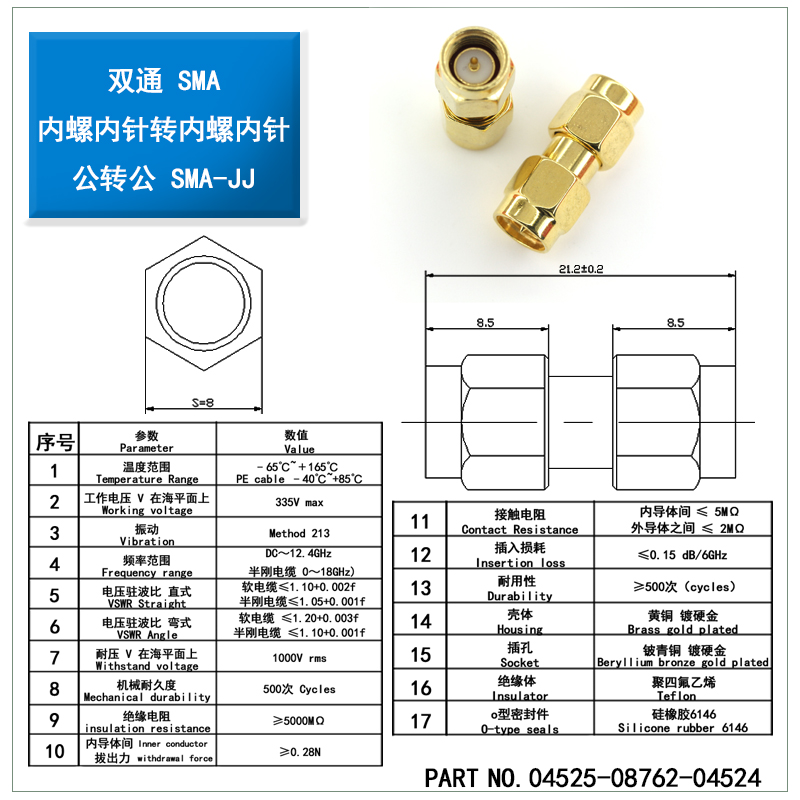 同轴射频连接器SMA-JJ公头转公头 双通转接头 SMA内螺纹内针 双针