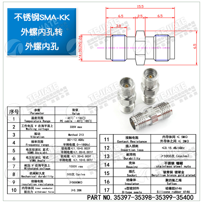 SMA射频转接头 SMA-KK母转母头外螺内孔sma双通双阴头连接器0-18G