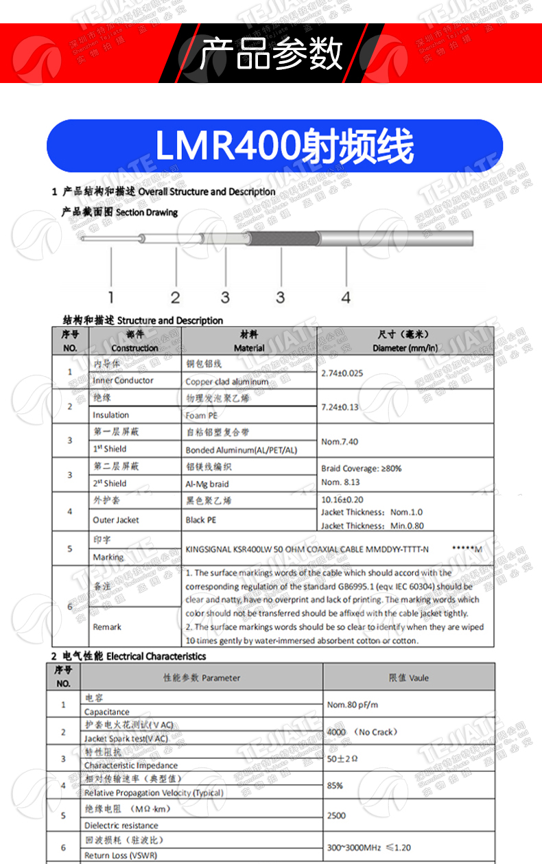 LMR400低损耗发泡射频电缆线 7D-FB低衰减信号馈线50欧姆同轴线缆